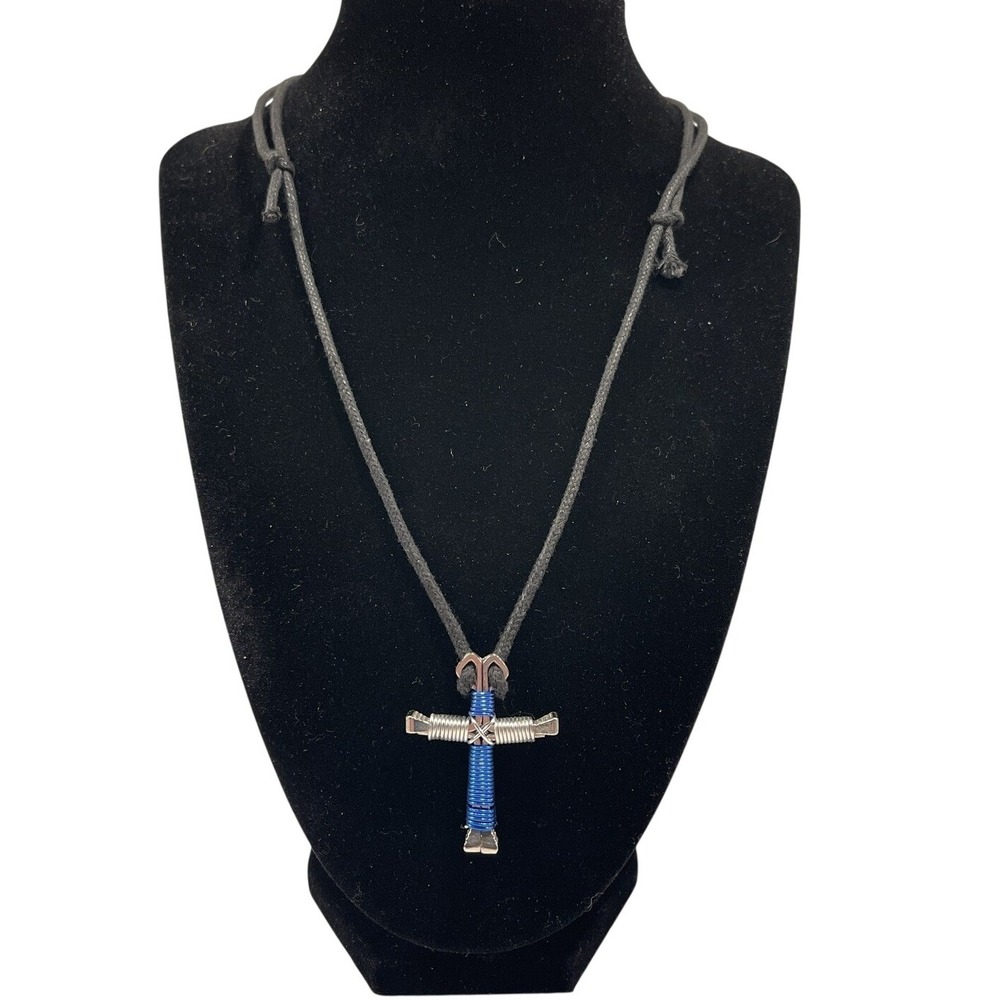 Horseshoe Nail Cross Necklace Blue Silver Wire Wrap Faith Jewelry